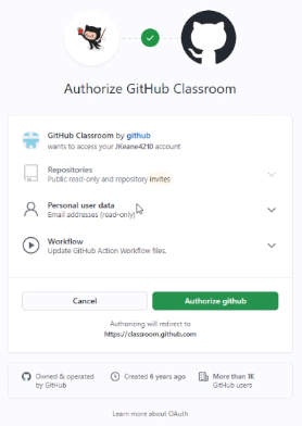 Figure [authorizeclassroom]: Authorize GitHub Classroom (click the green button)
