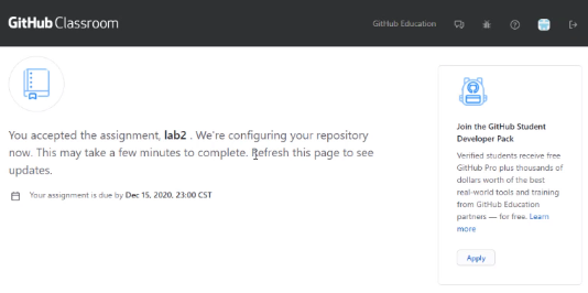 Figure [accepted]: Assignment Accepted... after ~30 seconds, refresh the page)