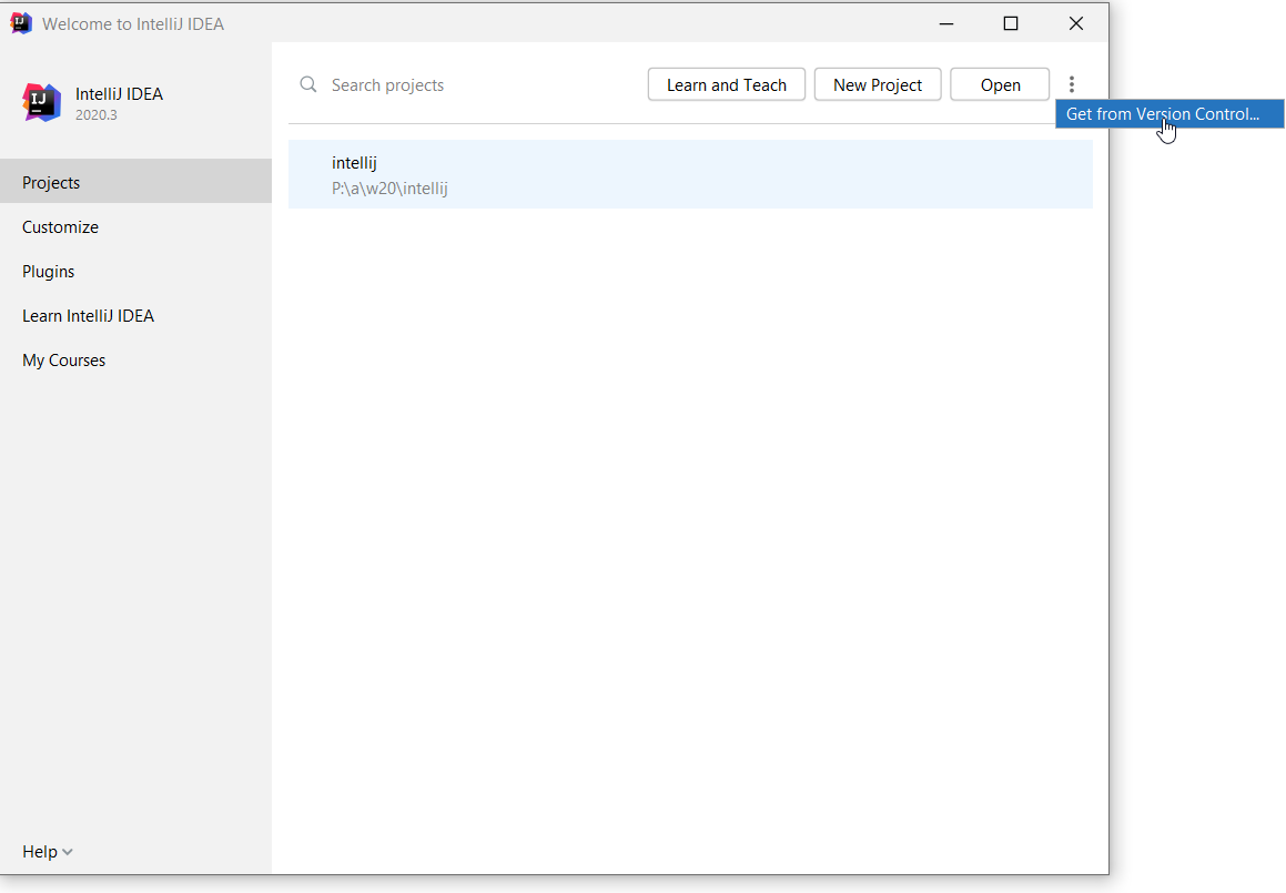 Figure [intellij]: Open IntelliJ and make sure all projects are closed so you see the this screen, and click on "Get from Version Control" from the kabob menu