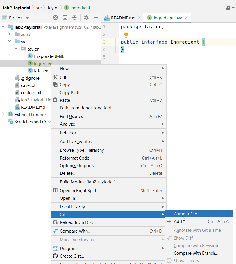 Figure [commit]: Right-click on the file that has changed, the Git -> Commit File...